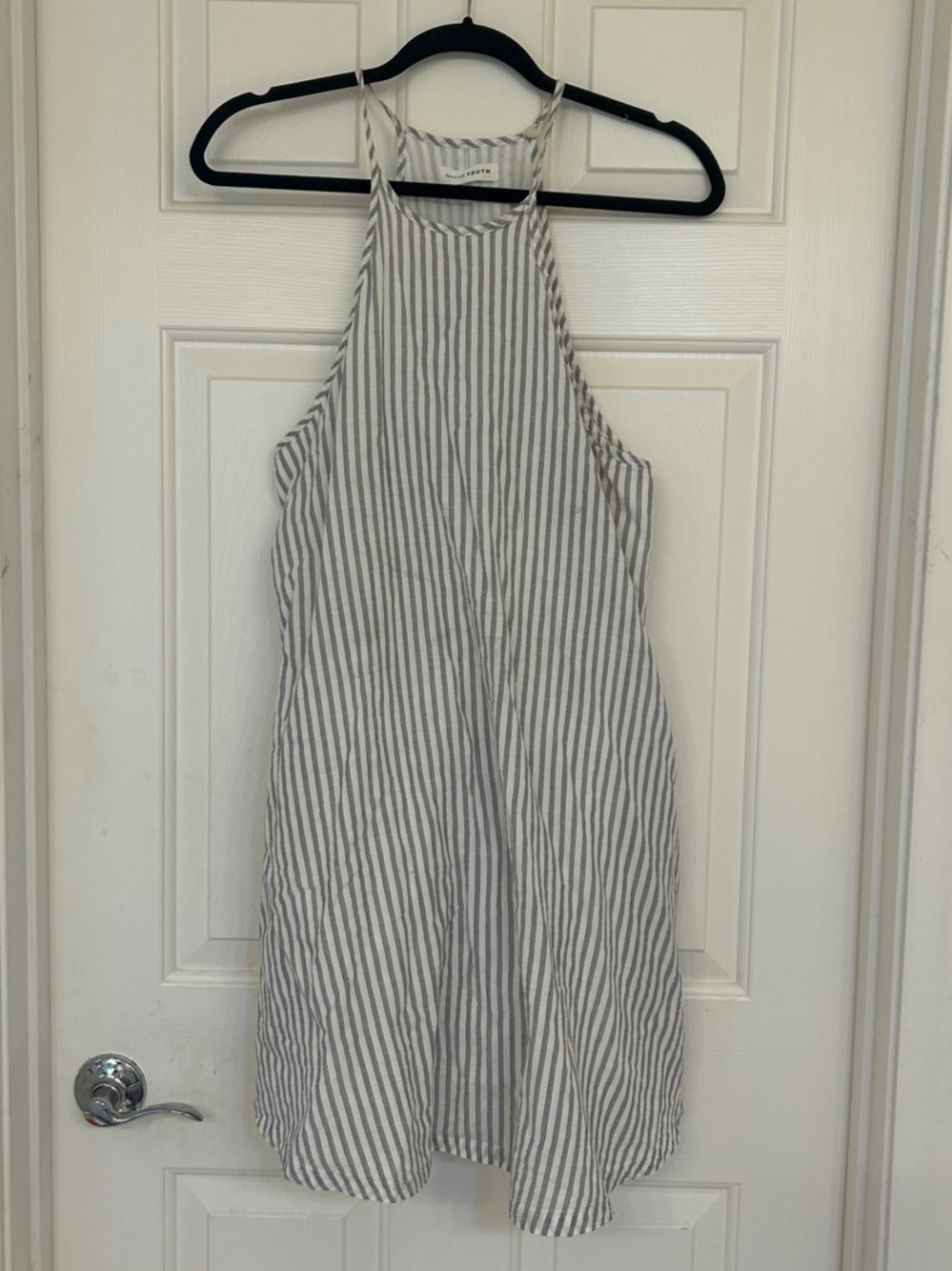 NATIVE YOUTH Cotton Striped White and Gray Halter Dress with Pockets Large